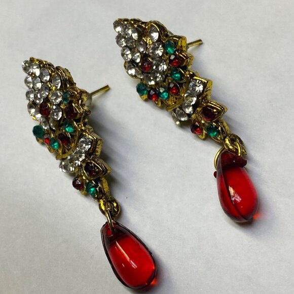 Christmas Color Earrings Pierced Post Dangle Drop Rhinestone Holiday Wear - Picture 7 of 10